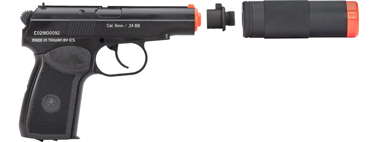 ICS BLE PM2 Makarov Airsoft Pistol w/ Suppressor (Black) - Click Image to Close