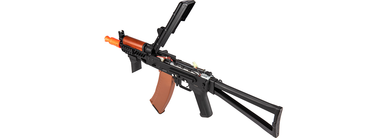 Double Bell AK74U AEG Airsoft Rifle w/ Folding Wire Stock (BLACK / WOOD) - Click Image to Close