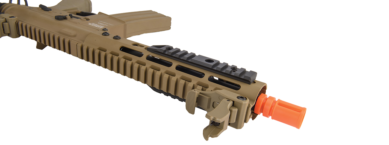 Lancer Tactical Proline 9" KeyMod Railed Airsoft AEG Rifle with Picatinny Rail Segments (Color: Tan) - Click Image to Close