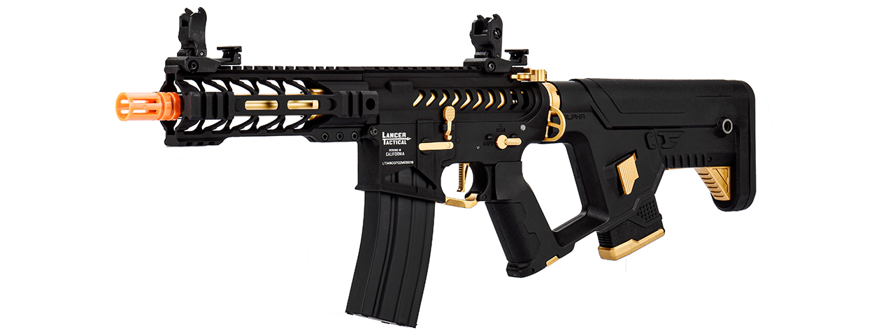 Lancer Tactical Proline Enforcer Battle Hawk 7" Skeleton M4 Airsoft Rifle w/ Alpha Stock (Color: Black / Gold) - Click Image to Close
