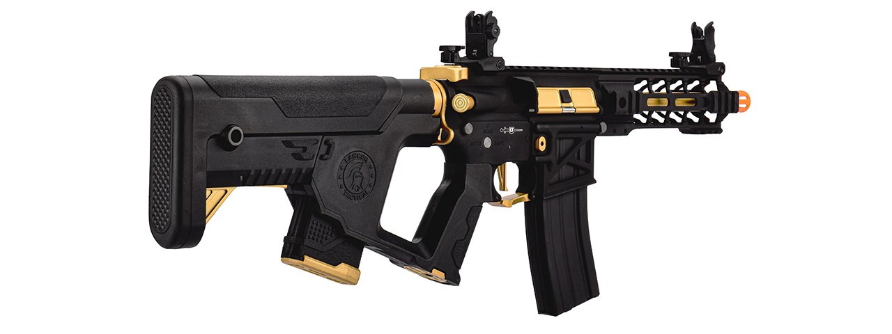 Lancer Tactical Proline Enforcer Battle Hawk 7" Skeleton M4 Airsoft Rifle w/ Alpha Stock (Color: Black / Gold) - Click Image to Close