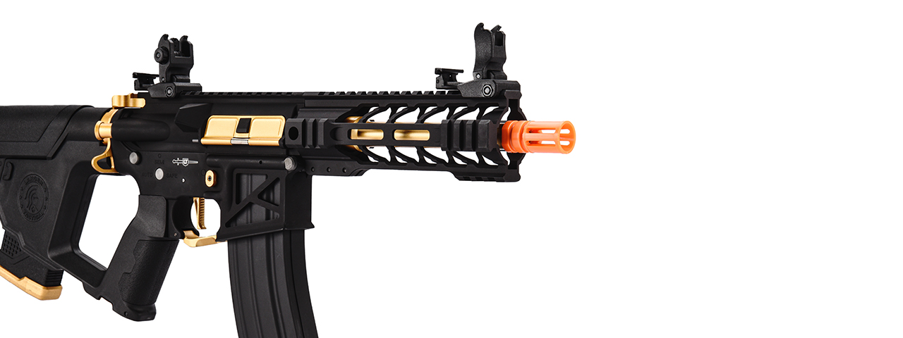 Lancer Tactical Proline Enforcer Battle Hawk 7" Skeleton M4 Airsoft Rifle w/ Alpha Stock (Color: Black / Gold) - Click Image to Close