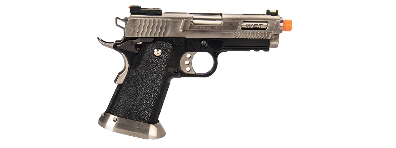 WE-Tech Hi-Capa 3.8 Brontosaurus Full Auto Gas Blowback Pistol (Silver) - Click Image to Close