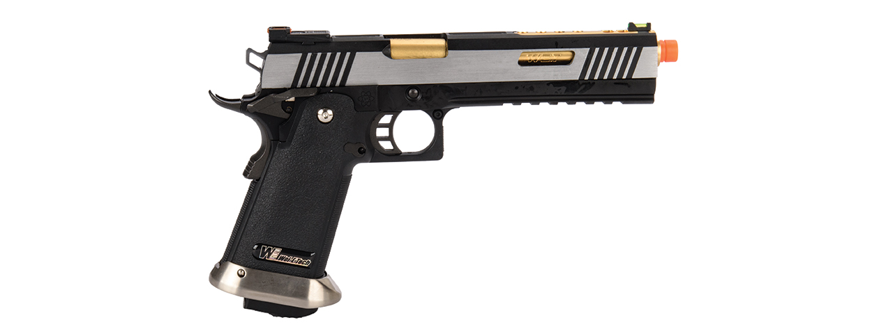 WE-Tech Hi-Capa 6" IREX Competition Full Auto Gas Blowback Airsoft Pistol (Black / Silver / Gold Barrel) - Click Image to Close