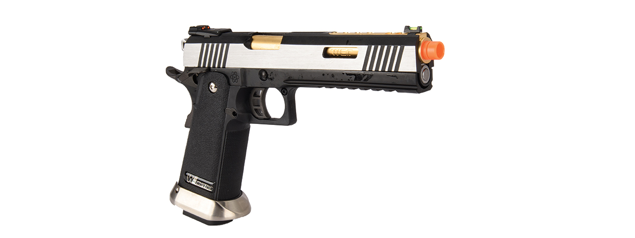 WE-Tech Hi-Capa 6" IREX Competition Full Auto Gas Blowback Airsoft Pistol (Black / Silver / Gold Barrel) - Click Image to Close