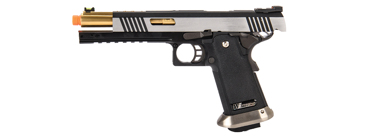 WE-Tech Hi-Capa 6" IREX Competition Full Auto Gas Blowback Airsoft Pistol (Black / Silver / Gold Barrel) - Click Image to Close