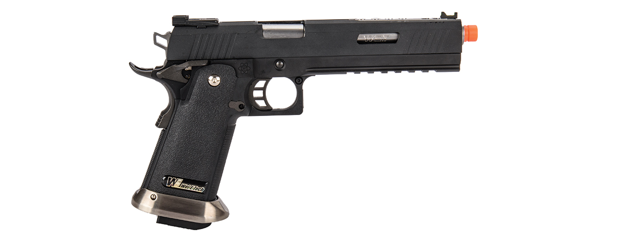 WE-Tech Hi-Capa 6" IREX Competition Full Auto Gas Blackback Airsoft Pistol (Black / Silver Barrel) - Click Image to Close