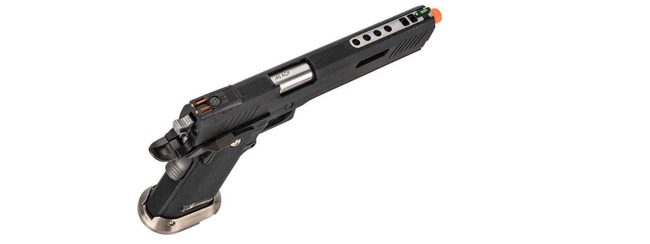 WE-Tech Hi-Capa 6" IREX Competition Full Auto Gas Blackback Airsoft Pistol (Black / Silver Barrel) - Click Image to Close