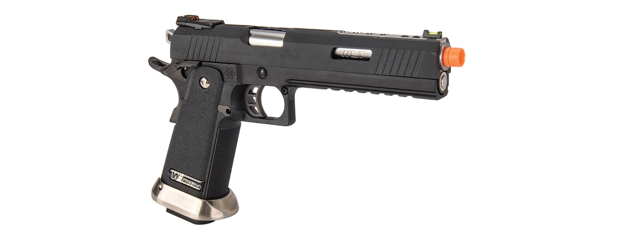 WE-Tech Hi-Capa 6" IREX Competition Full Auto Gas Blackback Airsoft Pistol (Black / Silver Barrel) - Click Image to Close