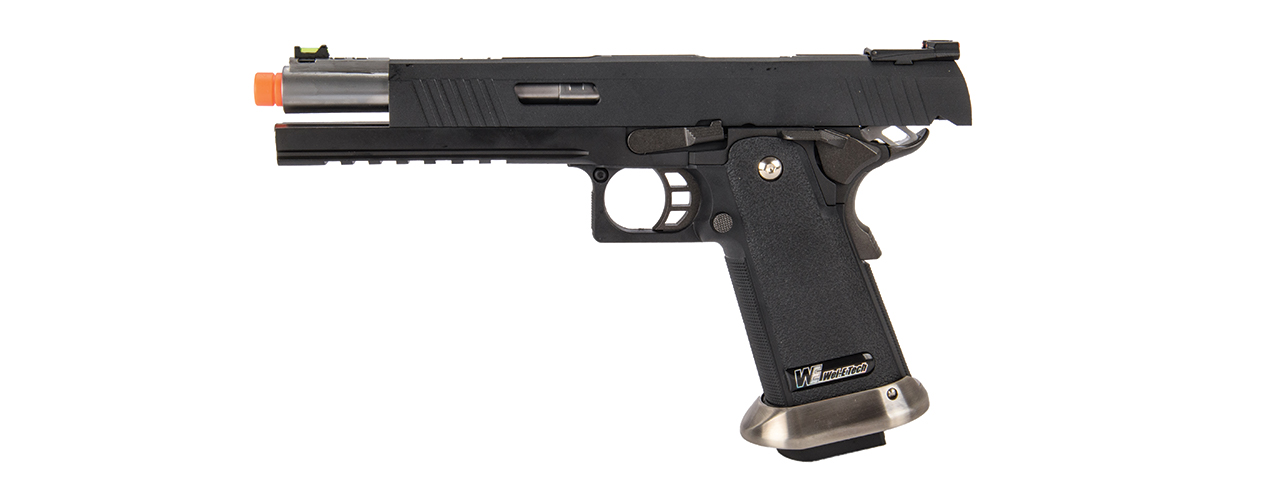 WE-Tech Hi-Capa 6" IREX Competition Full Auto Gas Blackback Airsoft Pistol (Black / Silver Barrel) - Click Image to Close