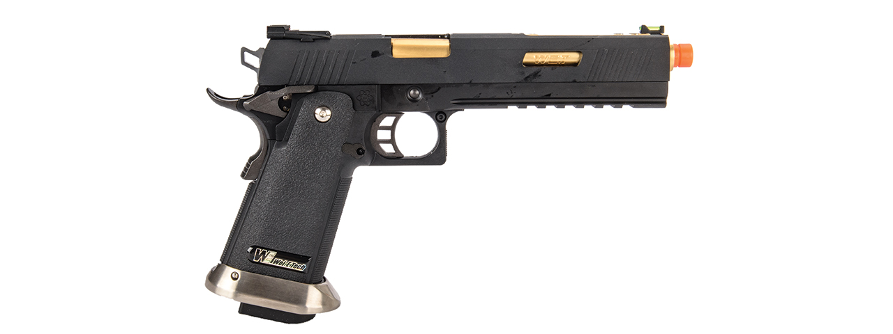 WE-Tech Hi-Capa 6" IREX Competition Full Auto Gas Blowback Airsoft Pistol (Black / Gold Barrel) - Click Image to Close