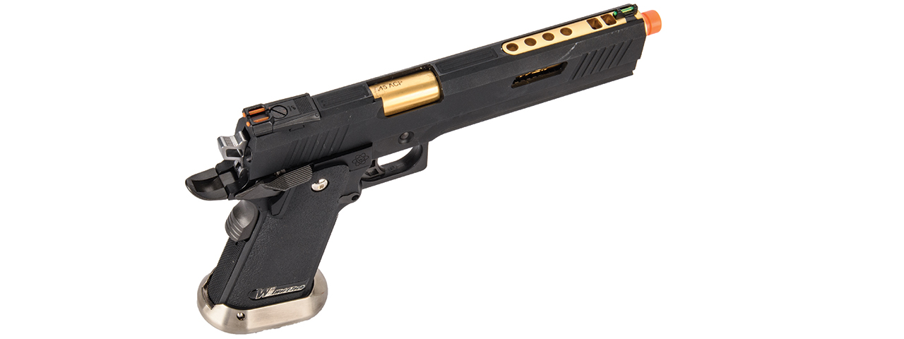 WE-Tech Hi-Capa 6" IREX Competition Full Auto Gas Blowback Airsoft Pistol (Black / Gold Barrel) - Click Image to Close