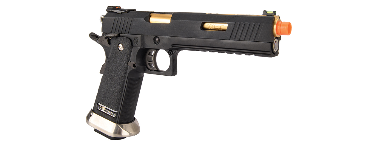 WE-Tech Hi-Capa 6" IREX Competition Full Auto Gas Blowback Airsoft Pistol (Black / Gold Barrel) - Click Image to Close