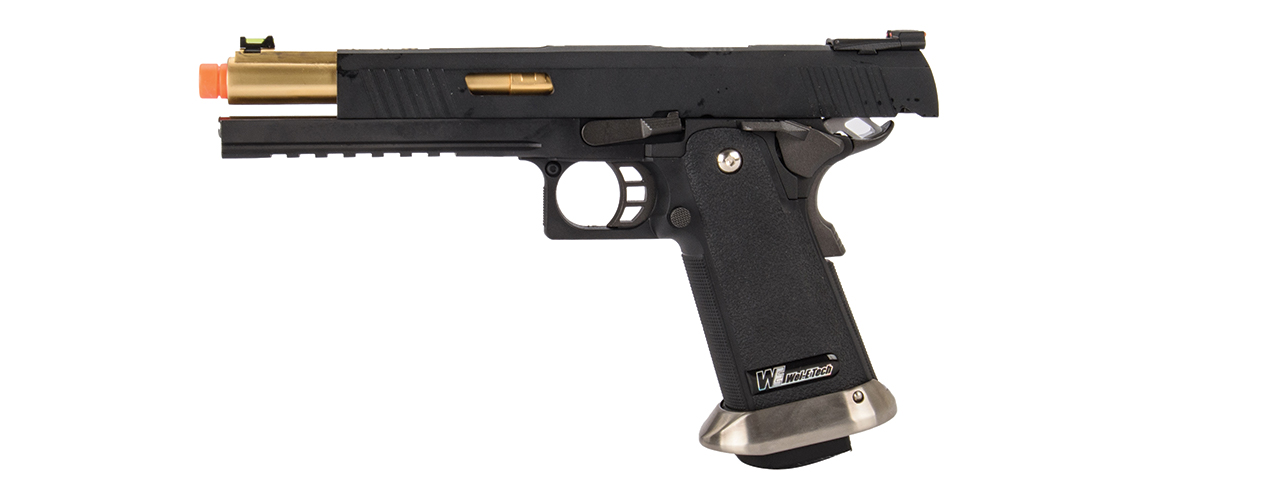 WE-Tech Hi-Capa 6" IREX Competition Full Auto Gas Blowback Airsoft Pistol (Black / Gold Barrel) - Click Image to Close