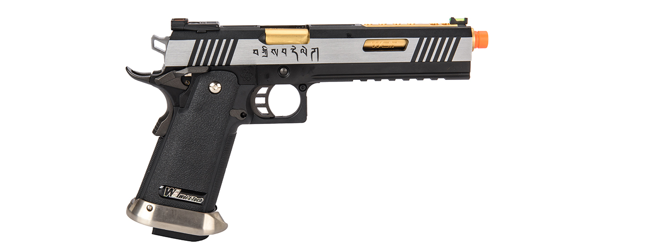 WE-Tech Hi-Capa 6" IREX Full Auto Competition GBB Airsoft Pistol (Black / Silver / Gold Barrel / With Markings) - Click Image to Close