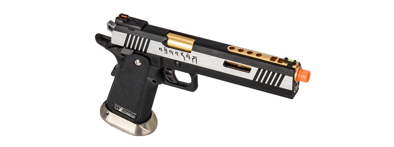 WE-Tech Hi-Capa 6" IREX Full Auto Competition GBB Airsoft Pistol (Black / Silver / Gold Barrel / With Markings) - Click Image to Close