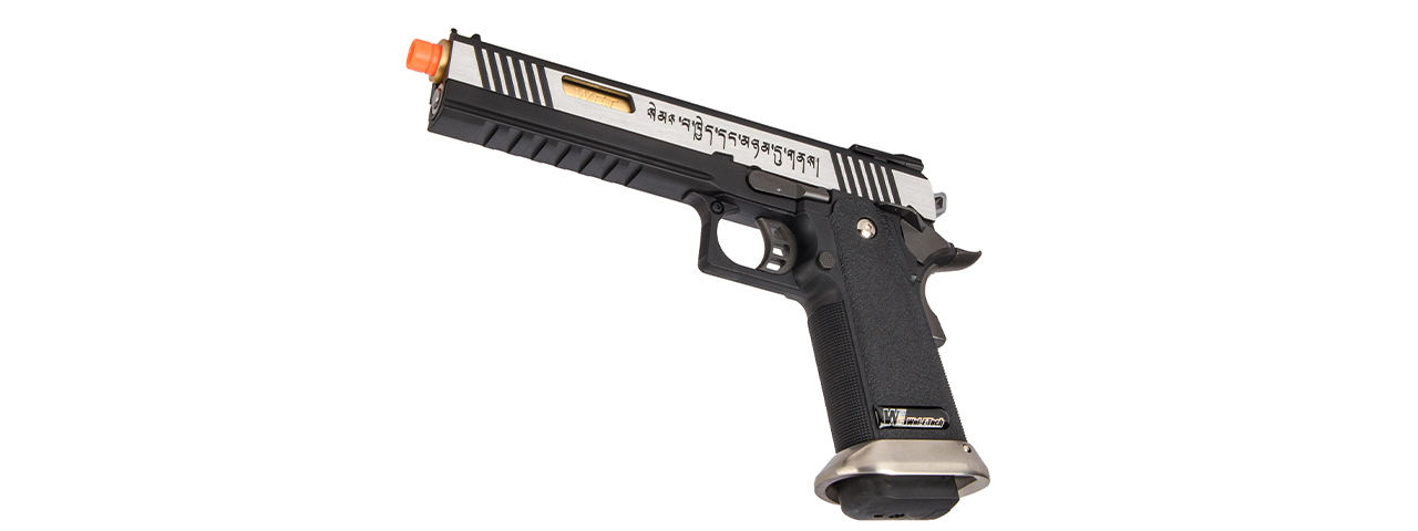 WE-Tech Hi-Capa 6" IREX Full Auto Competition GBB Airsoft Pistol (Black / Silver / Gold Barrel / With Markings) - Click Image to Close