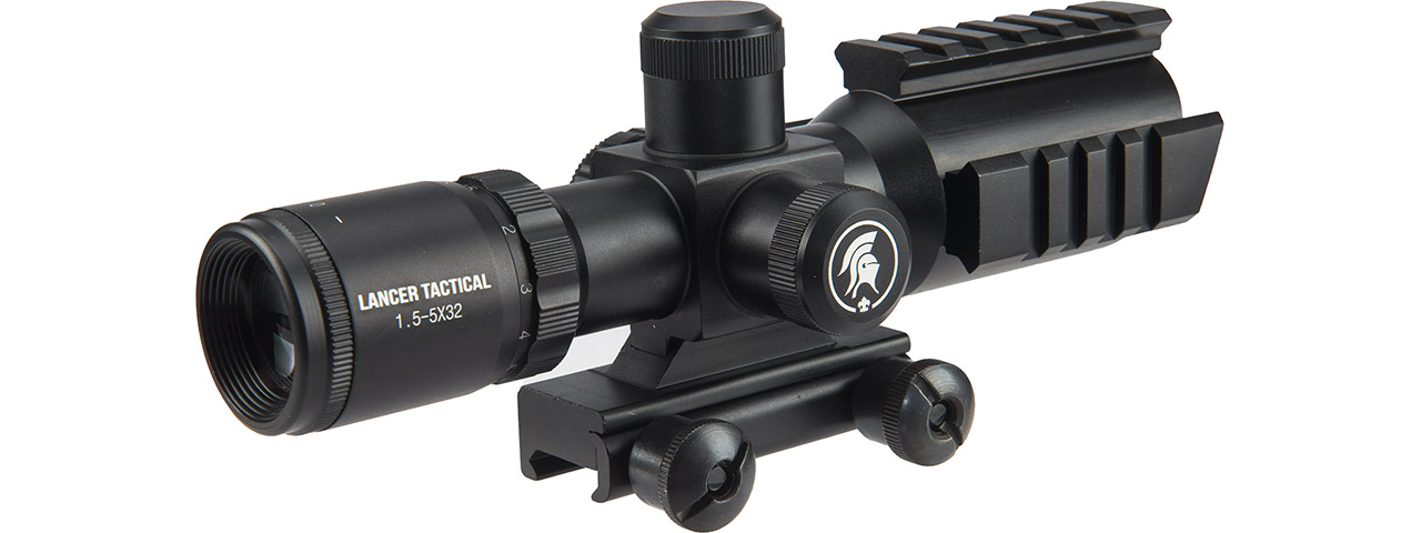 Lancer Tactical 1.5-5x32 Variable Zoom Adjustable Illuminated Rifle Scope (Color: Black) - Click Image to Close