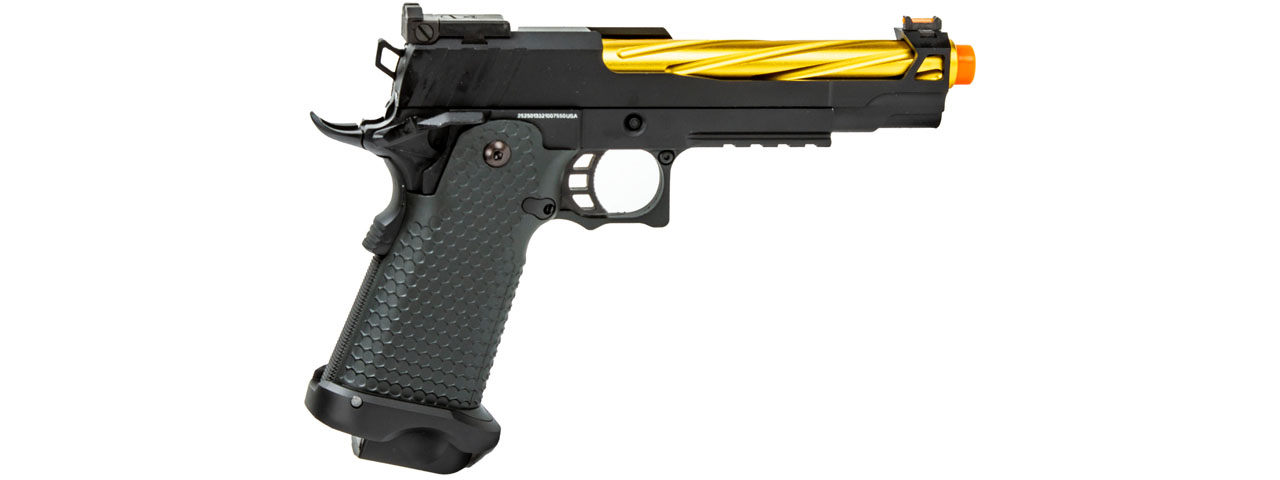 Golden Eagle 3337 OTS .45 Hi-Capa Gas Blowback Pistol w/ Open Slide (Color: Black / Gold Barrel) - Click Image to Close