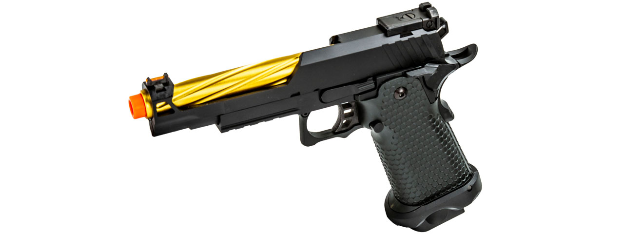 Golden Eagle 3337 OTS .45 Hi-Capa Gas Blowback Pistol w/ Open Slide (Color: Black / Gold Barrel) - Click Image to Close