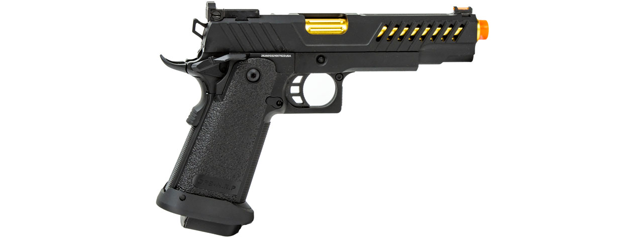 Golden Eagle 3338 OTS .45 Hi-Capa Gas Blowback Pistol w/ Vented Slide (Color: Black / Gold Barrel) - Click Image to Close