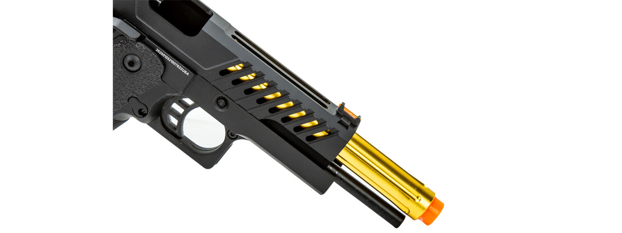 Golden Eagle 3338 OTS .45 Hi-Capa Gas Blowback Pistol w/ Vented Slide (Color: Black / Gold Barrel) - Click Image to Close