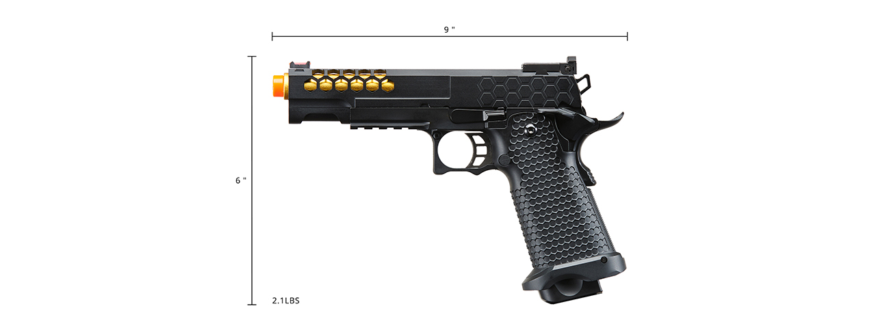 Golden Eagle 3339 OTS .45 Hi-Capa Gas Blowback Pistol w/ Hive Vented Slide (Color: Black / Gold Barrel) - Click Image to Close
