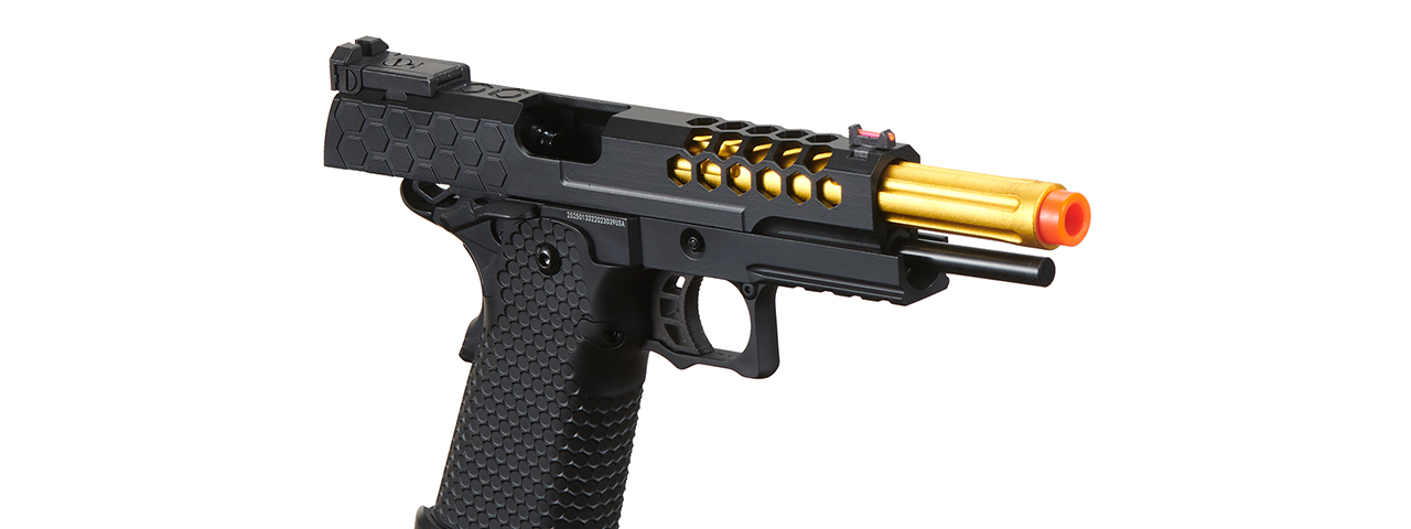Golden Eagle 3339 OTS .45 Hi-Capa Gas Blowback Pistol w/ Hive Vented Slide (Color: Black / Gold Barrel) - Click Image to Close