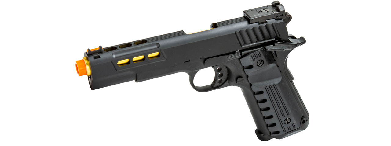 Golden Eagle 3368 OTS .45 Hi-Capa Gas Blowback Pistol w/ Slide Lightening Cuts (Color: Black / Gold Barrel) - Click Image to Close