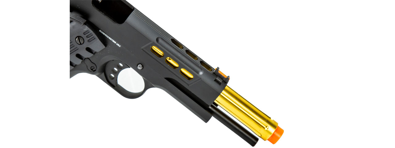 Golden Eagle 3368 OTS .45 Hi-Capa Gas Blowback Pistol w/ Slide Lightening Cuts (Color: Black / Gold Barrel) - Click Image to Close