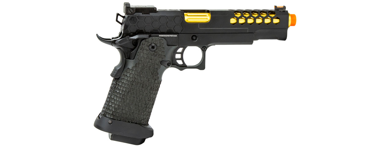 Golden Eagle 3339 OTS .45 Hi-Capa Gas Blowback Pistol w/ Hive Vented Slide & Standard Grip Stippling (Color: Black / Gold Barrel) - Click Image to Close