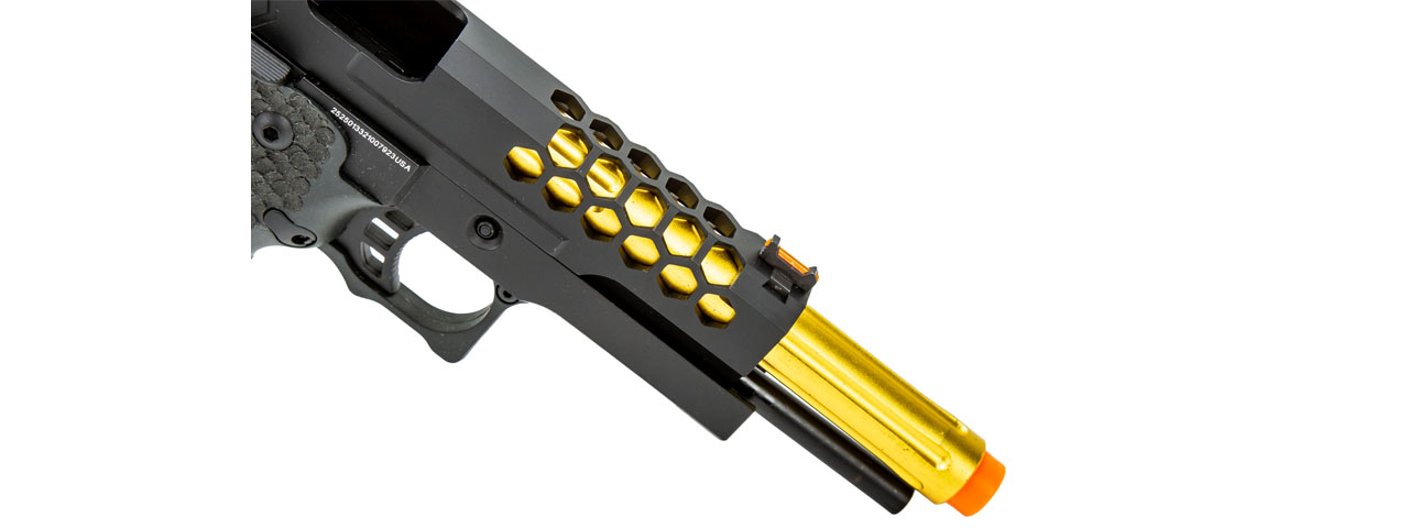 Golden Eagle 3339 OTS .45 Hi-Capa Gas Blowback Pistol w/ Hive Vented Slide & Standard Grip Stippling (Color: Black / Gold Barrel) - Click Image to Close