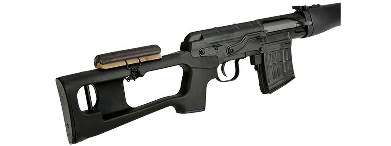 Atlas Custom Works SVD Dragunov Electric Airsoft Sniper Rifle w/ Sportsman Stock (Color: Black) - Click Image to Close
