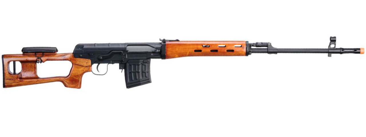 Atlas Custom Works SVD Dragunov Electric Airsoft Sniper Rifle w/ Real Wood Furniture & Fixed Sportsman Stock (Color: Black / Wood) - Click Image to Close
