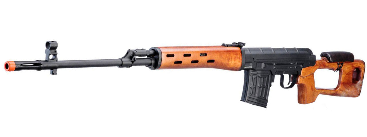 Atlas Custom Works SVD Dragunov Electric Airsoft Sniper Rifle w/ Real Wood Furniture & Fixed Sportsman Stock (Color: Black / Wood) - Click Image to Close