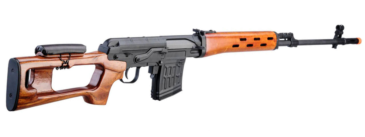 Atlas Custom Works SVD Dragunov Spring Powered Airsoft Sniper Rifle w/ Fixed Sportsman Stock (Color: Wood)