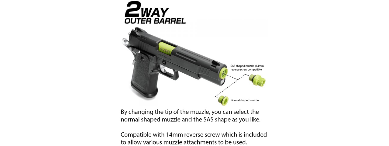 Laylax Hi-Capa 5.1 ZSRT Non-Recoiling 2-Way Outer Barrel (Color: ZSRT Zombie Green) - Click Image to Close