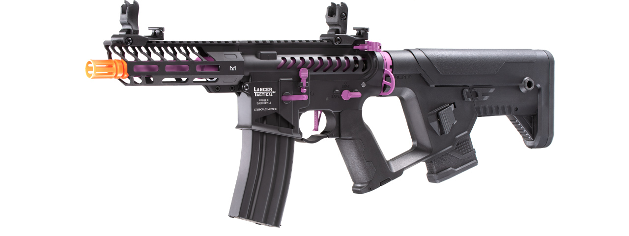 Lancer Tactical Low FPS Enforcer Needletail Skeleton M4 AEG Rifle with Alpha Stock (Color: Black & Purple) - Click Image to Close