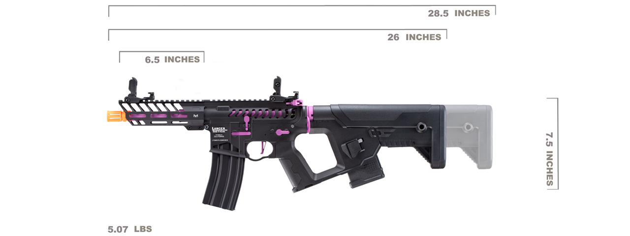 Lancer Tactical Low FPS Enforcer Needletail Skeleton M4 AEG Rifle with Alpha Stock (Color: Black & Purple) - Click Image to Close