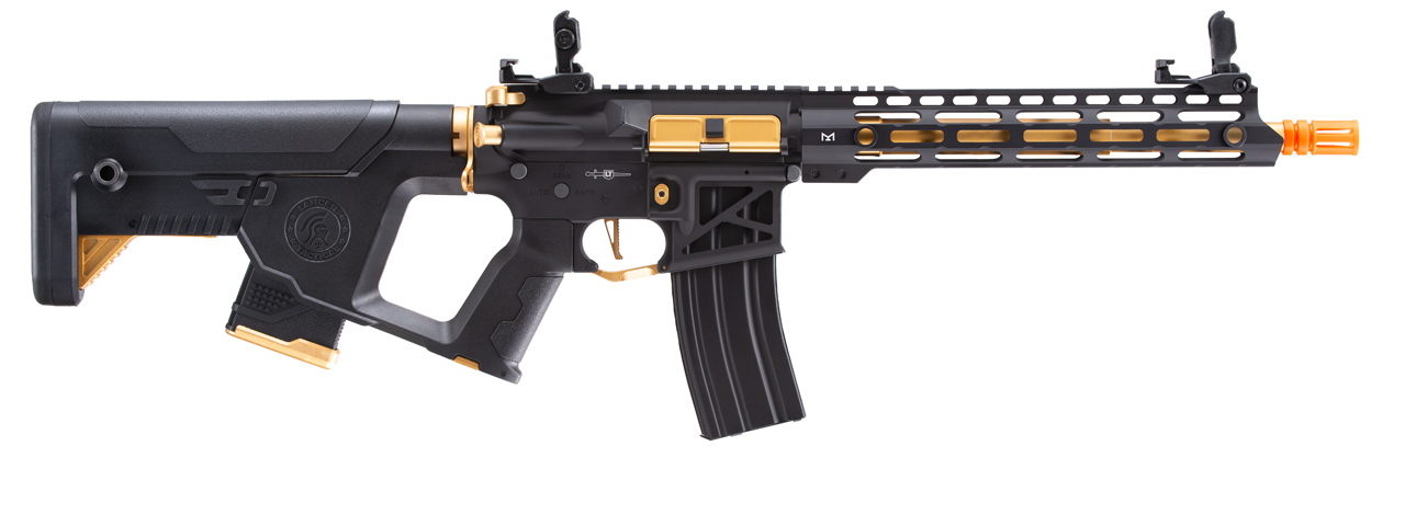 Lancer Tactical [Low FPS] Enforcer Blackbird Skeleton AEG w/ Alpha Stock (Color: Black and Gold) - Click Image to Close