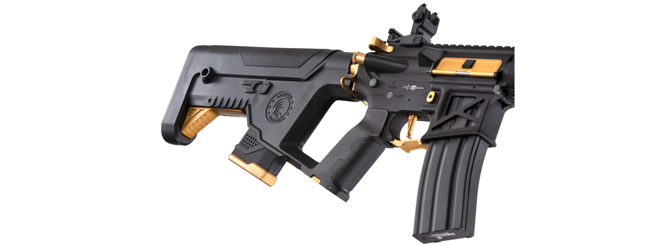 Lancer Tactical [Low FPS] Enforcer Blackbird Skeleton AEG w/ Alpha Stock (Color: Black and Gold) - Click Image to Close