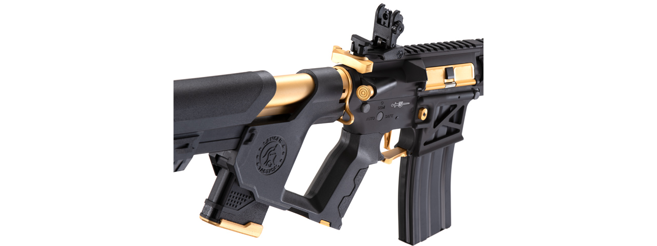 Lancer Tactical [Low FPS] Enforcer Blackbird Skeleton AEG w/ Alpha Stock (Color: Black and Gold) - Click Image to Close