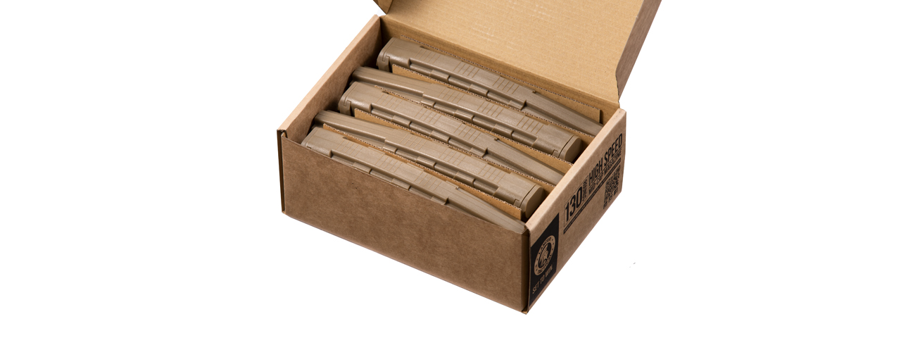 Lancer Tactical 130 Round High Speed Mid-Cap Magazine Pack of 5 (Tan) - Click Image to Close