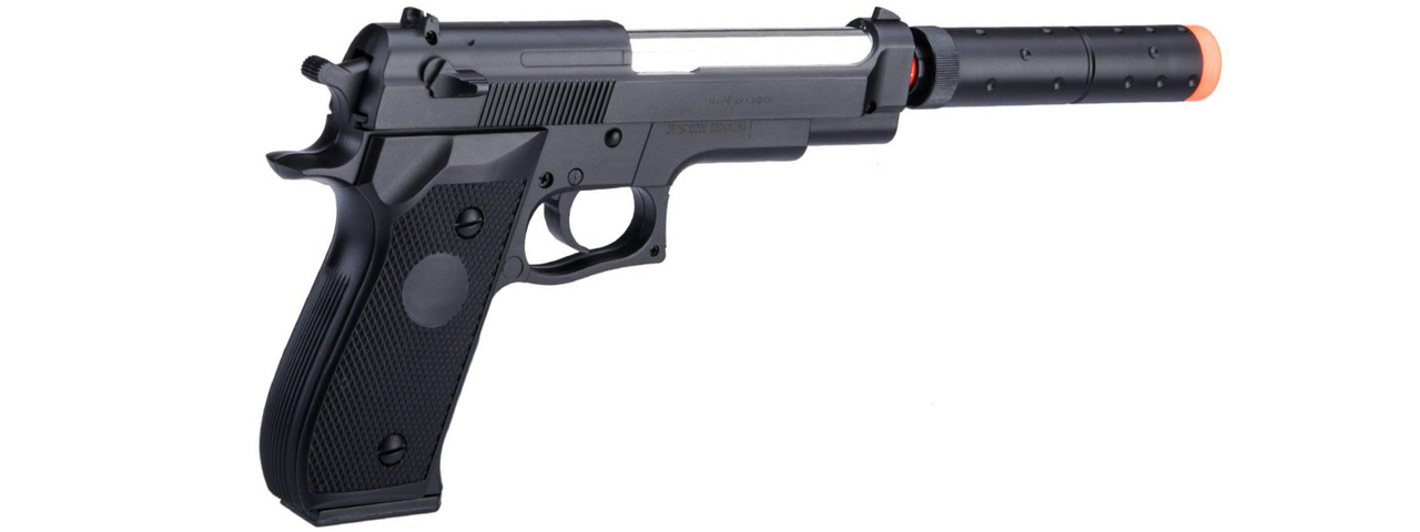 Double Eagle M22 Two Tone Spring Powered Airsoft Pistol w/ Mock Suppressor - Click Image to Close