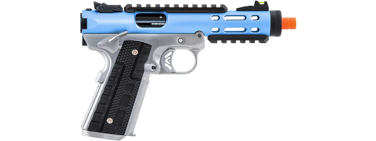 WE-Tech Galaxy 1911 Gas Blowback Airsoft Pistol (Color: Blue Slide w/ Silver Lower) - Click Image to Close