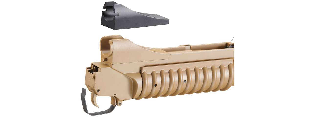 Double Bell Full Metal 40mm 3-in-1 M203 Airsoft Gas Grenade Launcher for M4/M16 Series Airsoft Rifles (Color: Tan) - Click Image to Close