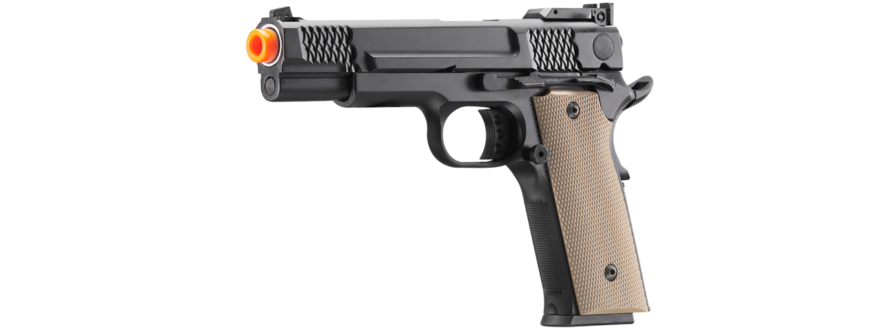 Double Bell Green Gas Full Metal 1911 Gas Blowback Airsoft Pistol w/ Tan Grip (Color: Black)