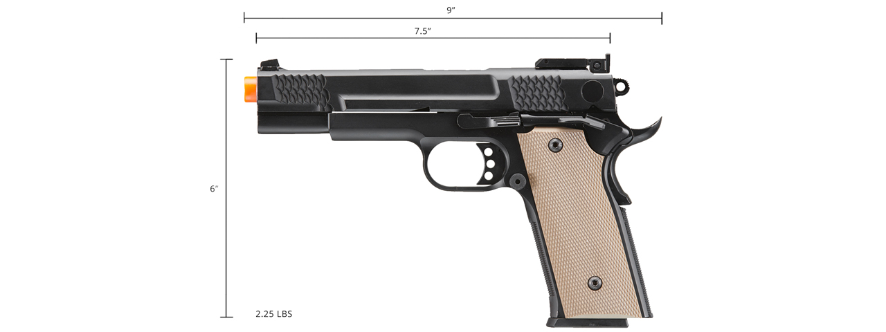 Double Bell Green Gas Full Metal 1911 Gas Blowback Airsoft Pistol w/ Tan Grip (Color: Black) - Click Image to Close