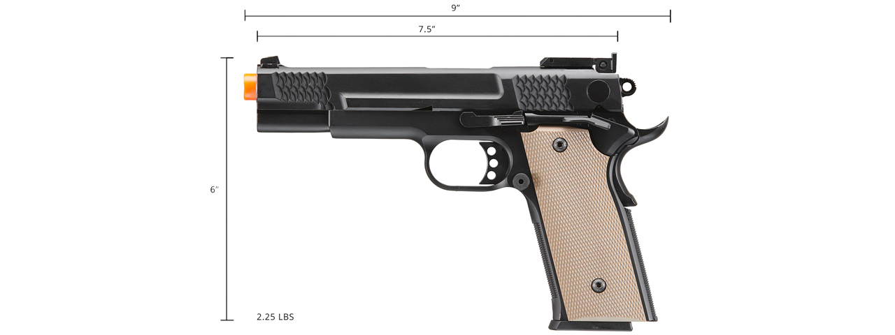 Double Bell Green Gas Full Metal 1911 Gas Blowback Airsoft Pistol w/ Tan Grip (Color: Black) - Click Image to Close