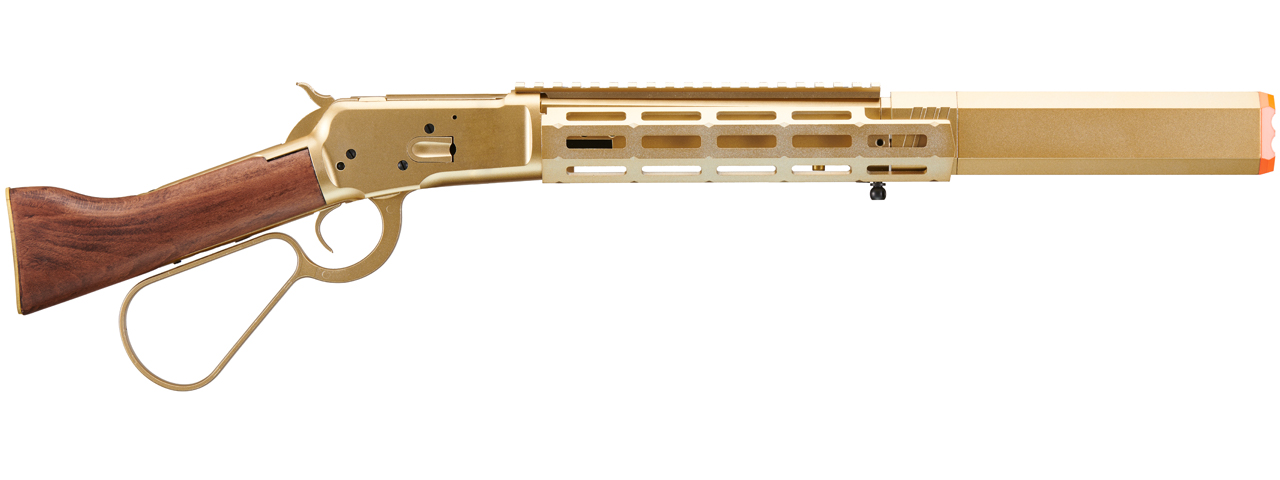 Atlas Custom Works M1873 "Mares Leg" Lever Action Airsoft Green Gas Rifle w/ M-LOK Rail and Suppressor (Color: Gold) - Click Image to Close